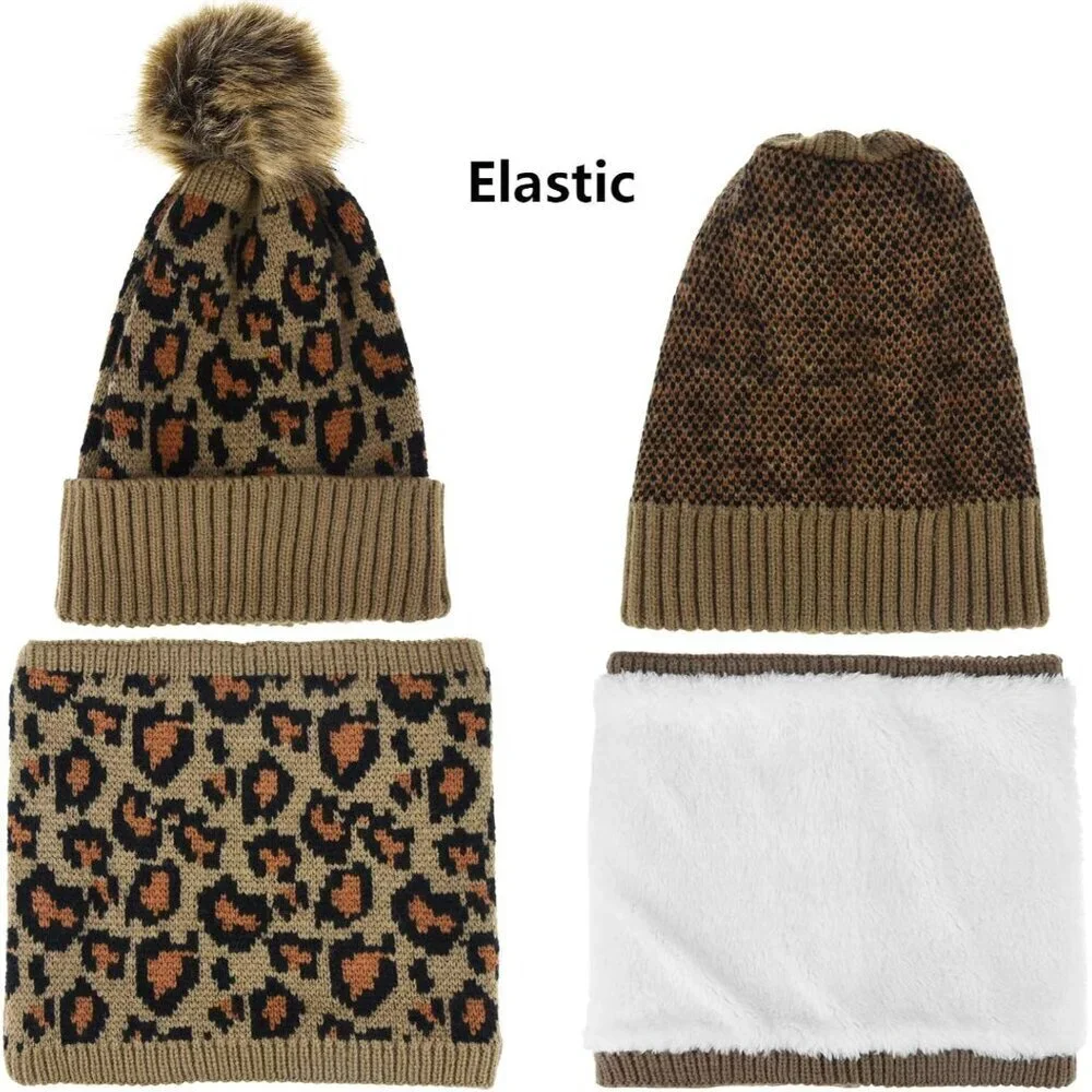 Leopard Print Winter Hat Gloves Scarf Set Womens Teen Warm Plush Acrylic